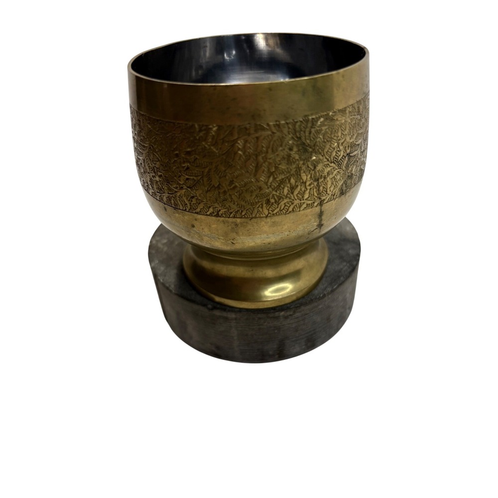 Brass‎ Etched Chalice Footed Offering Bowl Floral Pattern Vintage Boho Decor